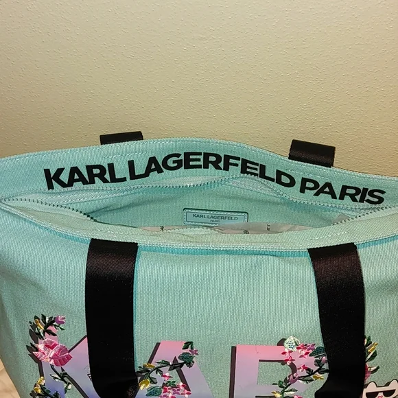 Karl Lagerfeld Paris Aqua / Pink / Blue Canvass Tote with Karl & Cat & F… - Picture 4 of 8
